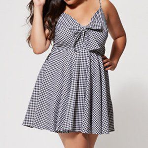 gingham tie front flare dress